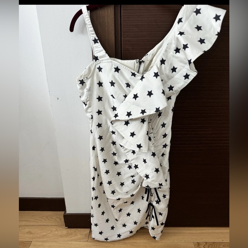 Self-Portrait White Star-Print Asymmetrical One-Shoulder Dress